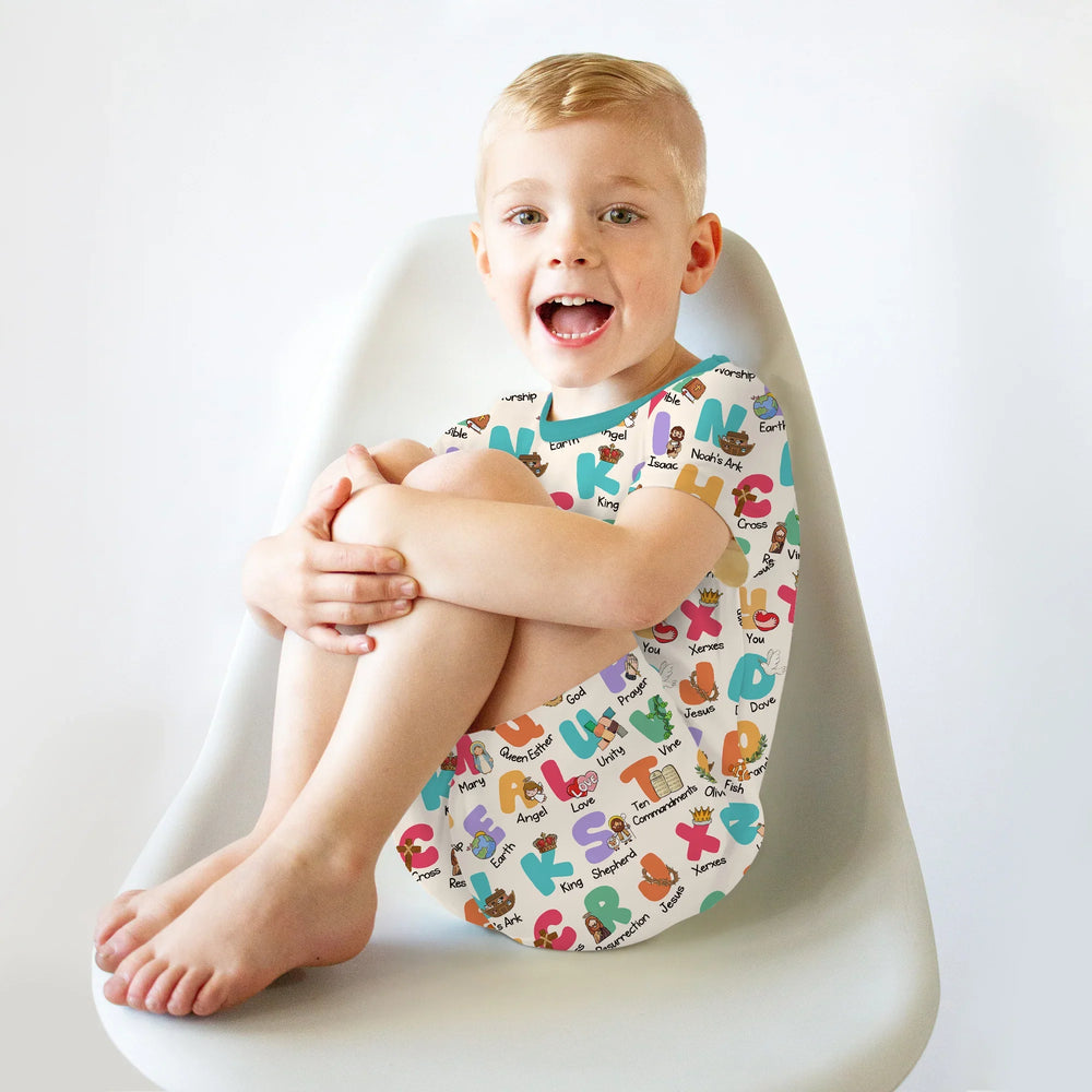 Biblical Alphabet Two Piece Short Sleeve Shorts Pajama Set , Biblical Alphabet Two Piece Short Sleeve Shorts Pajama Set - 12-18M / Teal