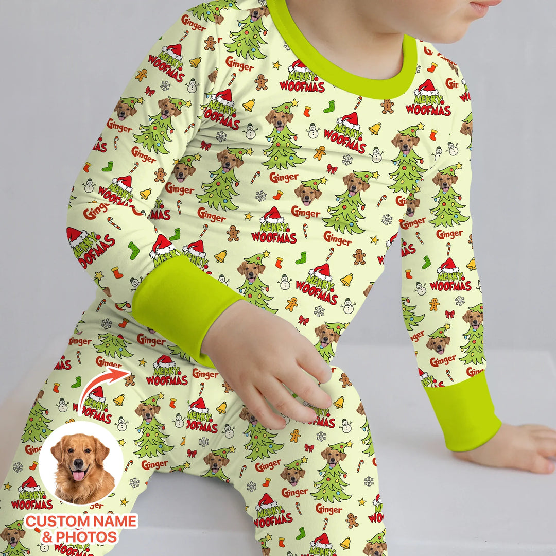 Custom Dog Photo Merry Woofmas Two Piece Long Sleeve Pajama Set