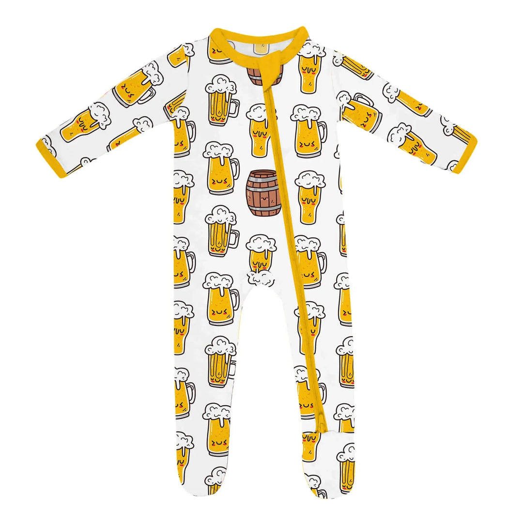 Beer Mugs and Barrels Zippered Footie Romper , Beer Mugs and Barrels Zippered Footie Romper - Newborn