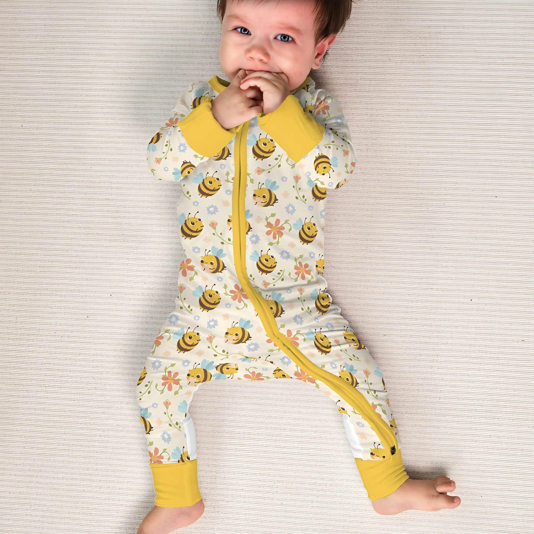 Bees and Flowers Convertible Zippered Romper , Bees and Flowers Convertible Zippered Romper - Newborn