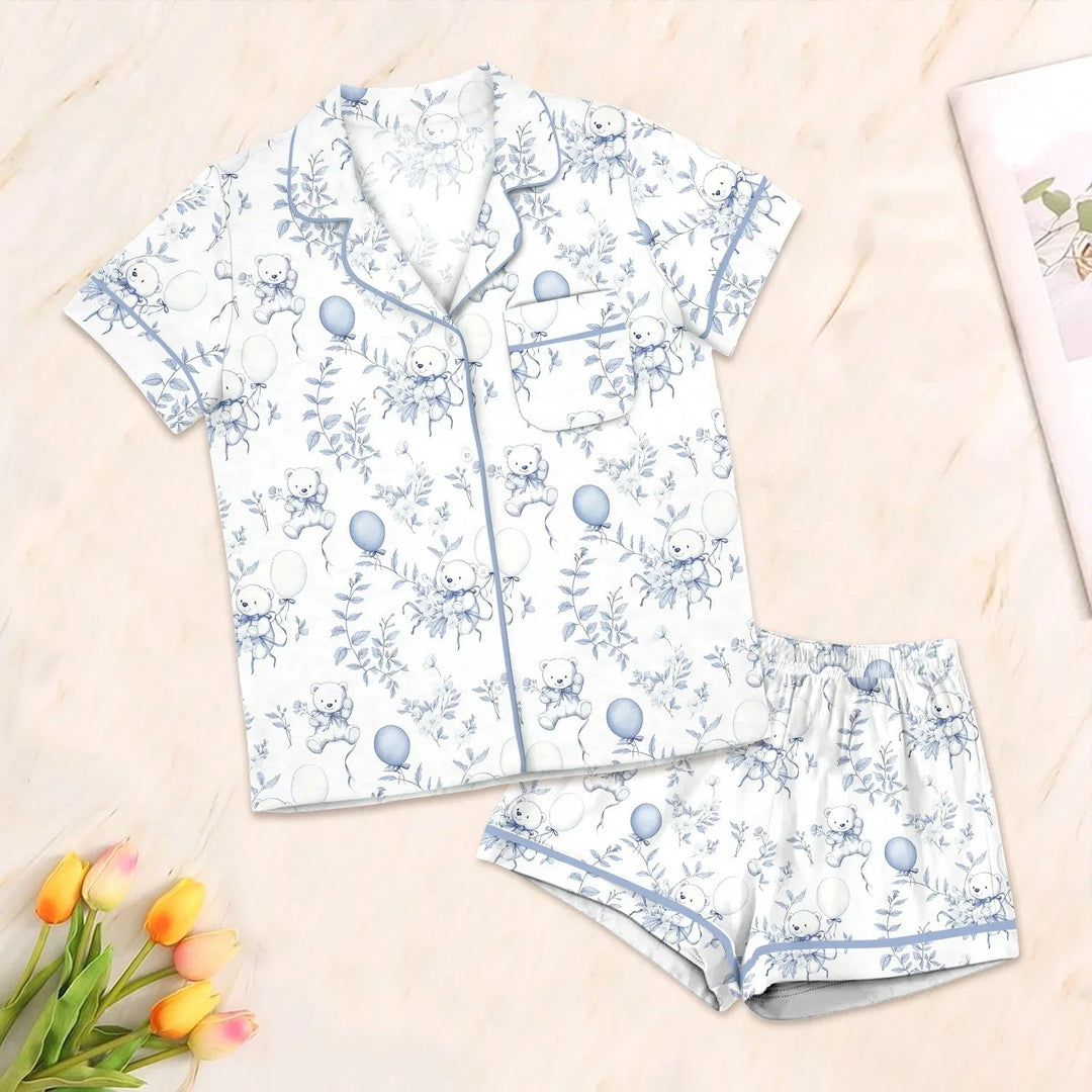 Blue Bear Toile de jouy Button Down Two Piece Short Sleeve Shorts Pajama Set - Zumbamboo