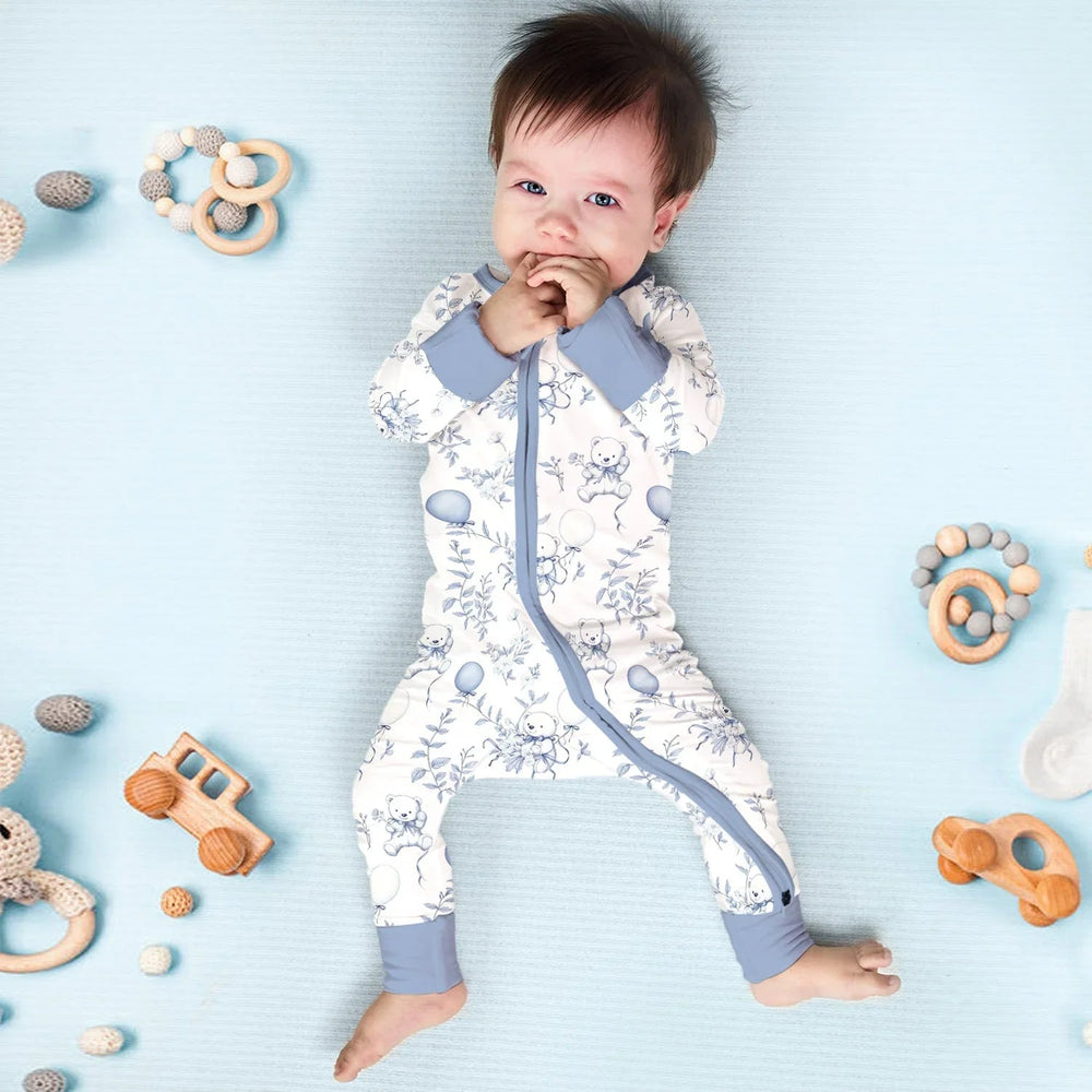 Blue Bear Toile de jouy Convertible Zippered Romper - Zumbamboo