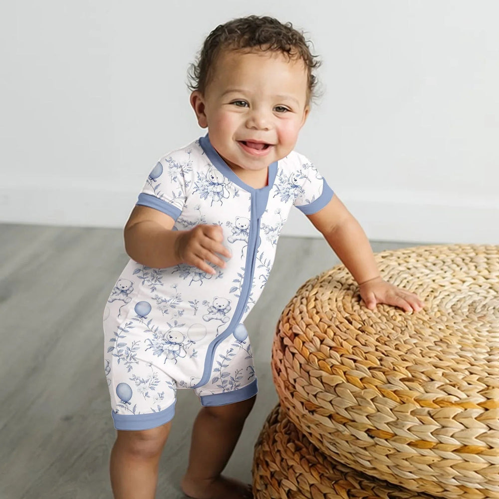 Blue Bear Toile de jouy Shorty Zippered Romper - Zumbamboo