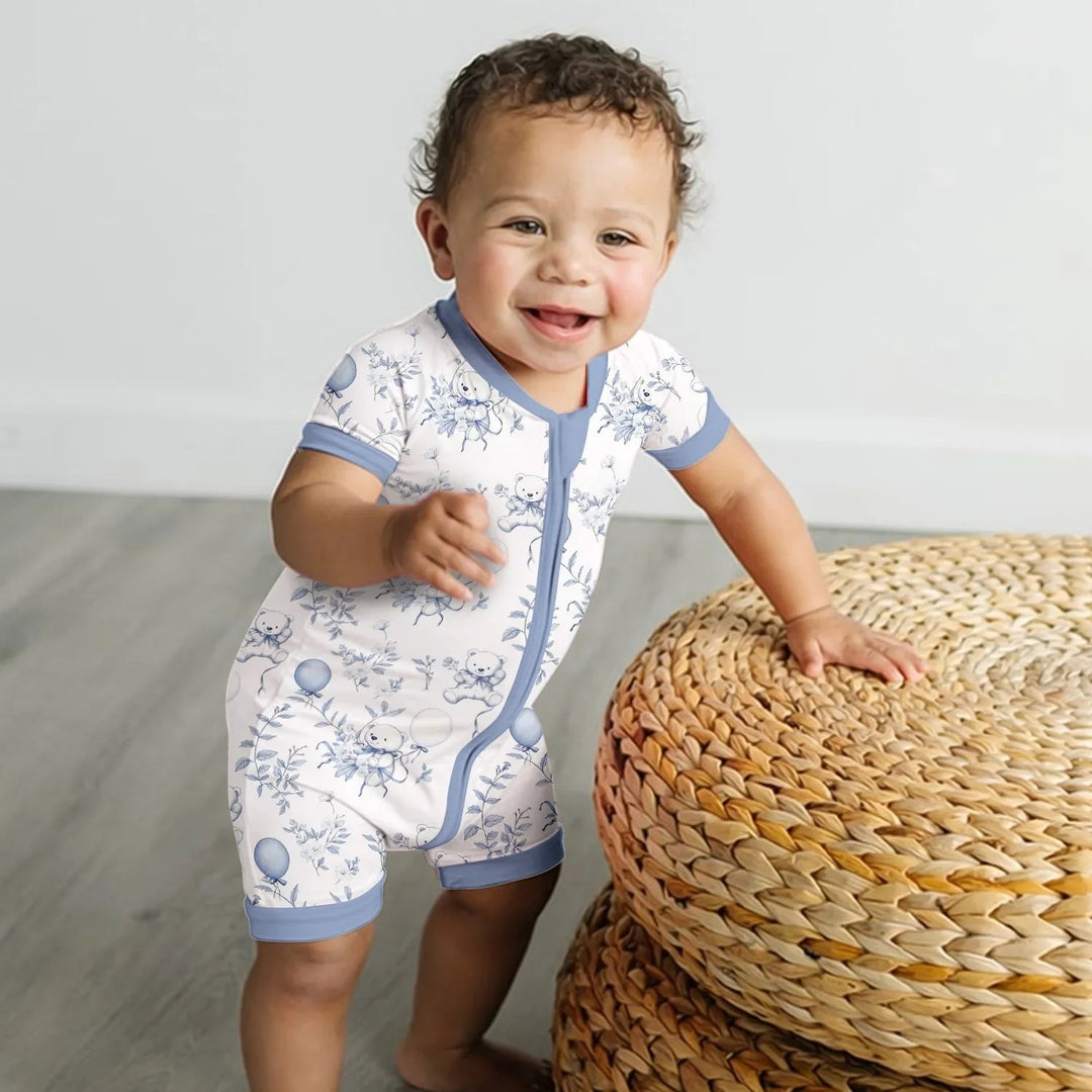 Blue Bear Toile de jouy Shorty Zippered Romper - Zumbamboo