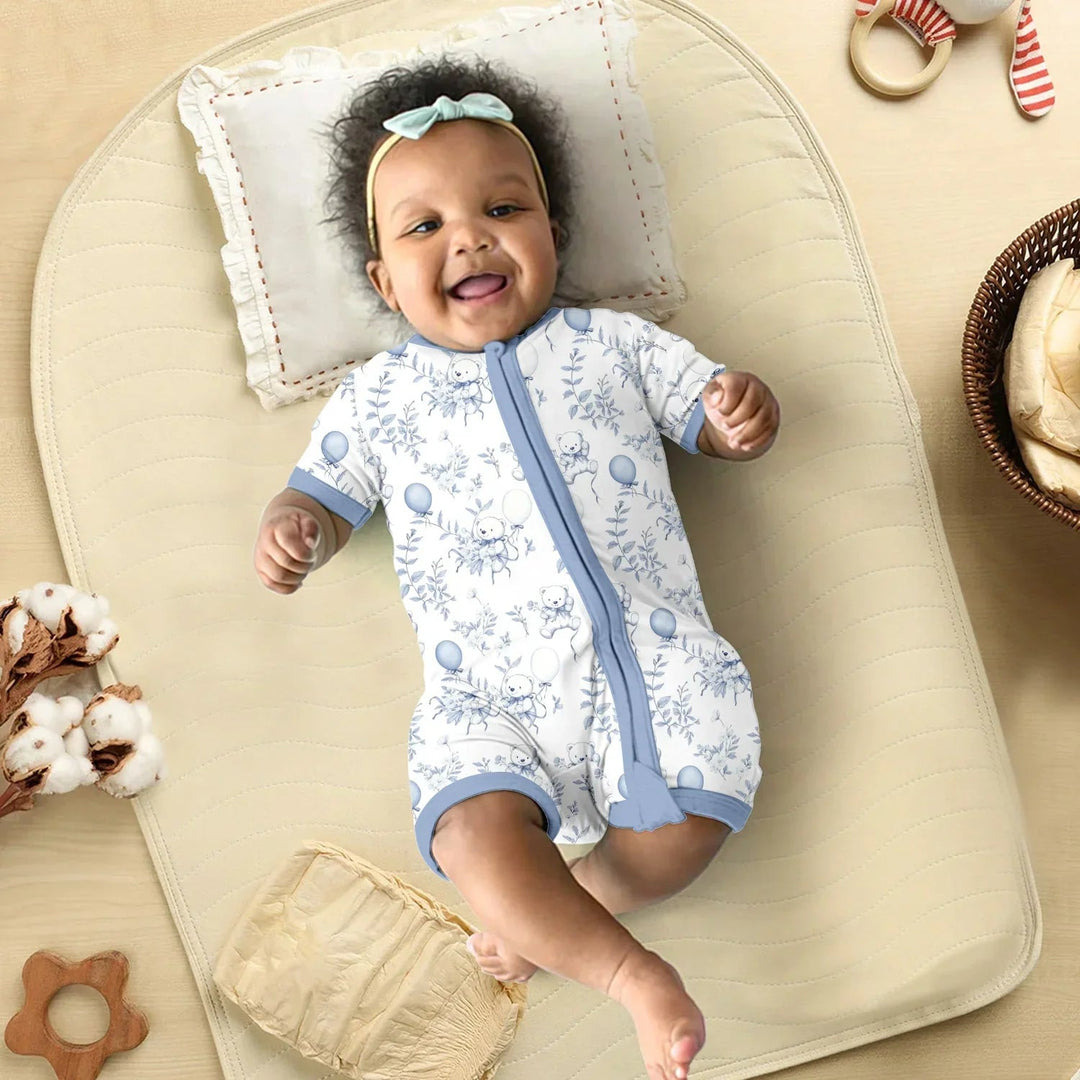Blue Bear Toile de jouy Shorty Zippered Romper - Zumbamboo