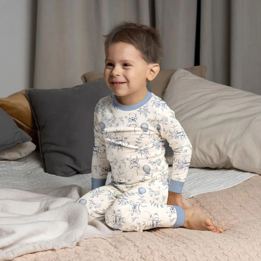 Blue Bear Toile de jouy Two Piece Long Sleeve Pajama Set - Zumbamboo