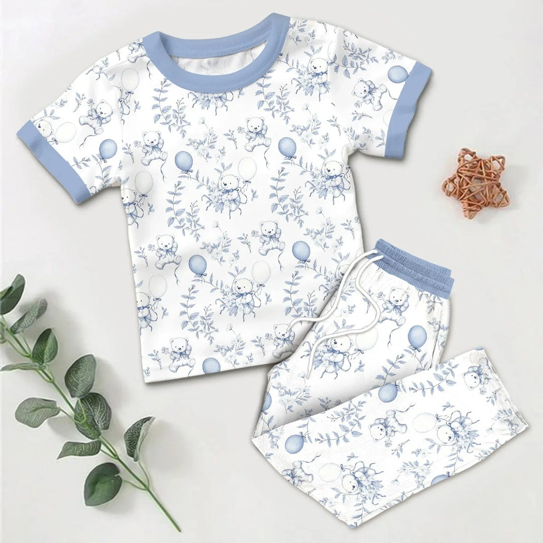 Blue Bear Toile de jouy Two Piece Short Sleeve Pajama Set - Zumbamboo