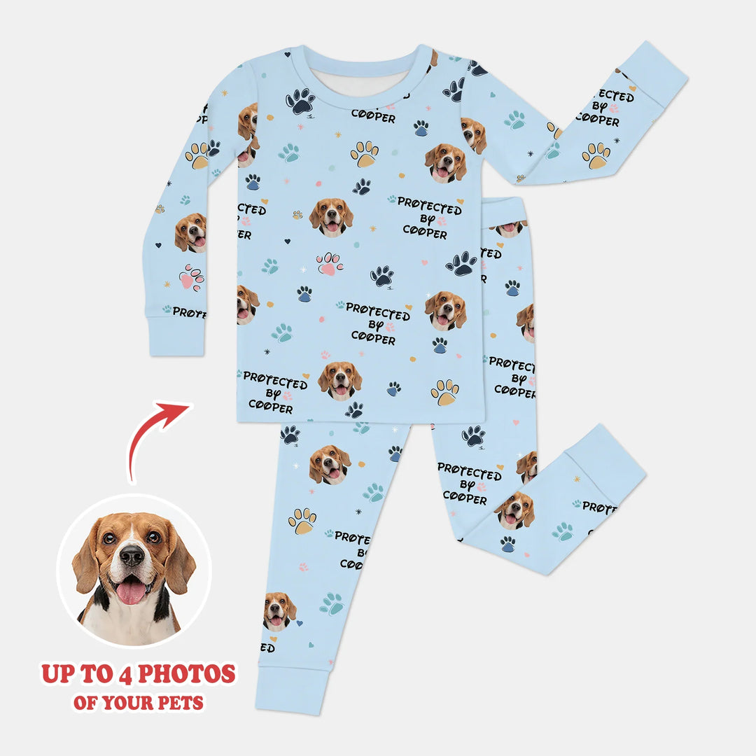 Custom Dog Photo Pattern "Protected By" Pajama , Custom Dog Photo Pattern "Protected By" Pajama - Long Pajama / 12-18M