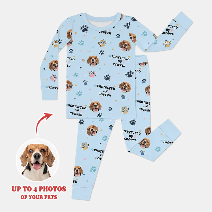 Custom Dog Photo Pattern "Protected By" Pajama , Custom Dog Photo Pattern "Protected By" Pajama - Long Pajama / 12-18M