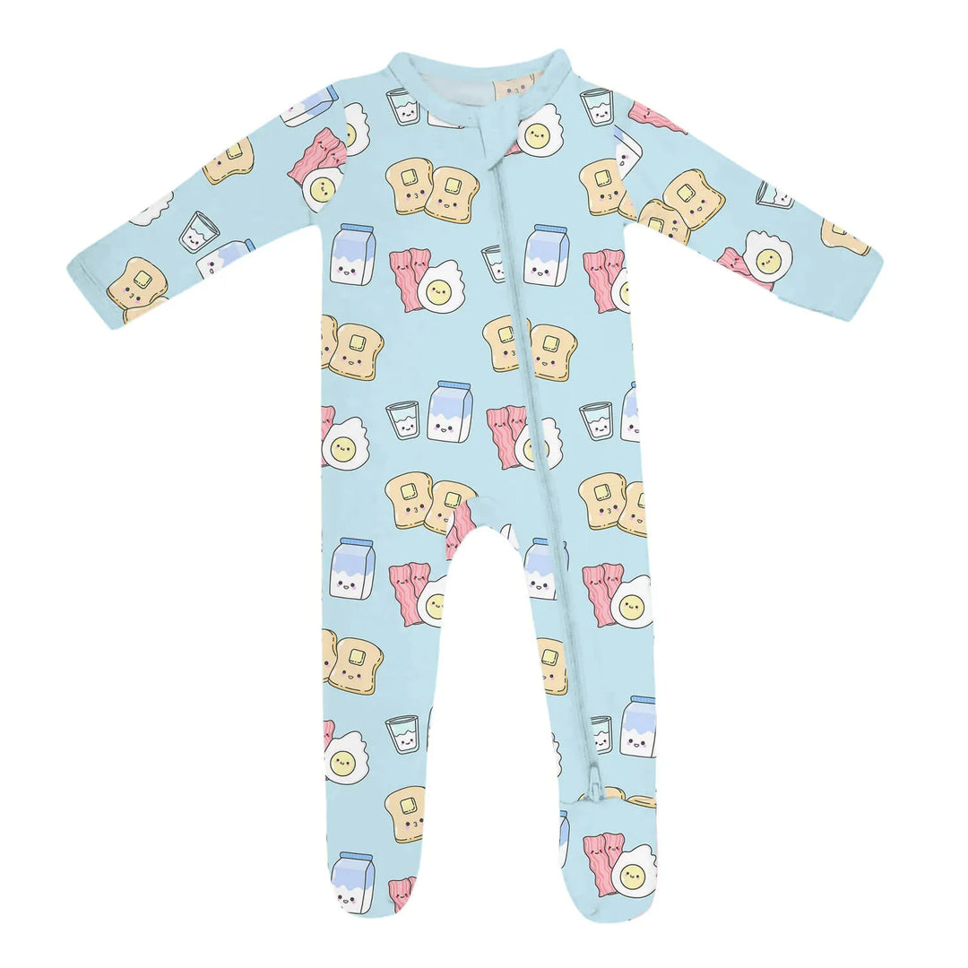 Blue Breakfast Buddies Zippered Footie Romper , Blue Breakfast Buddies Zippered Footie Romper - Newborn