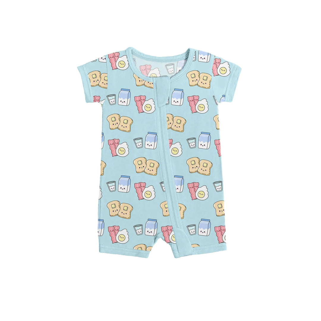 Blue Breakfast Buddies Shorty Zippered Romper , Blue Breakfast Buddies Shorty Zippered Romper - 0-3M