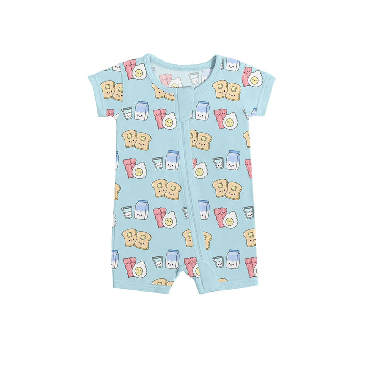 Blue Breakfast Buddies Shorty Zippered Romper , Blue Breakfast Buddies Shorty Zippered Romper - 0-3M