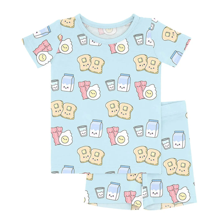 Blue Breakfast Buddies Two Piece Short Sleeve Shorts Pajama Set , Blue Breakfast Buddies Two Piece Short Sleeve Shorts Pajama Set - 12-18M