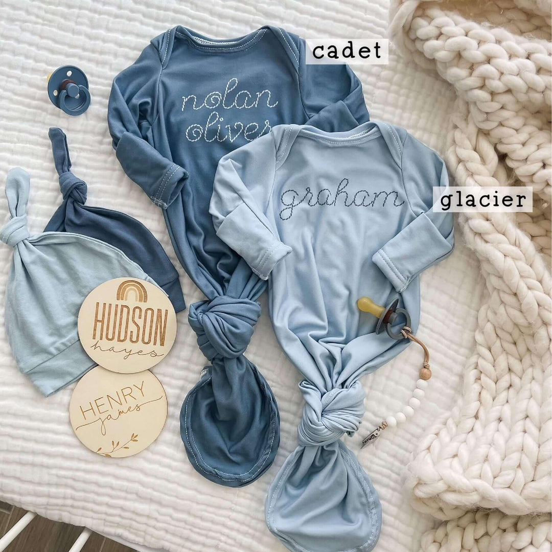 Personalized Stitched Baby Name Knot Gown , Personalized Stitched Baby Name Knot Gown - Cadet