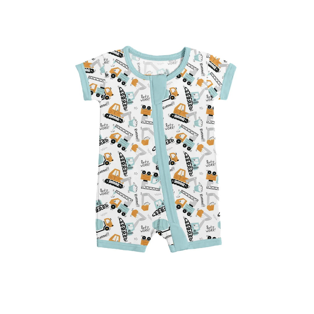 Boho Construction Vehicle Shorty Zippered Romper , Boho Construction Vehicle Shorty Zippered Romper - 0-3M