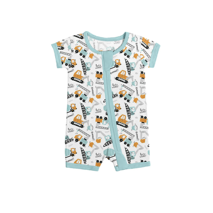 Boho Construction Vehicle Shorty Zippered Romper , Boho Construction Vehicle Shorty Zippered Romper - 0-3M