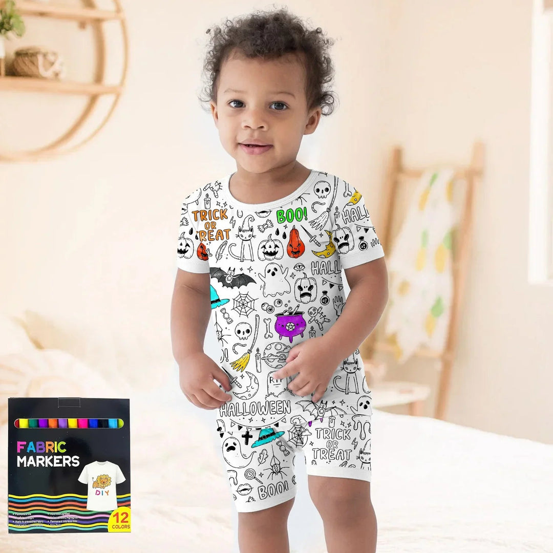 Boo! Colorable Halloween Two Piece Short Sleeve Shorts Pajama Set - Zumbamboo