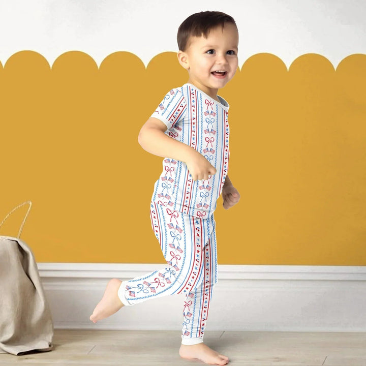 Bow and Flag Two Piece Short Sleeve Pajama Set - Zumbamboo