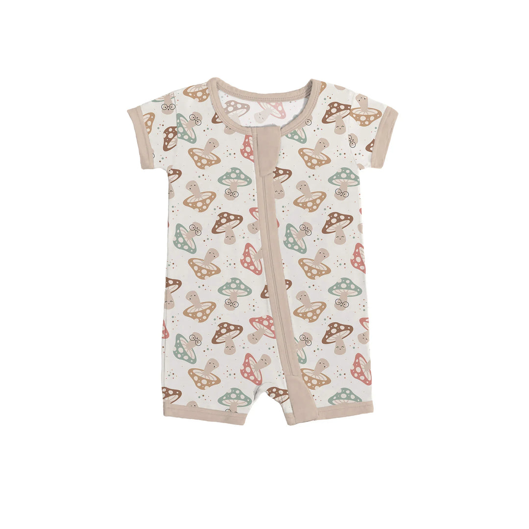 Brown Mushrooms Shorty Zippered Romper , Brown Mushrooms Shorty Zippered Romper - 0-3M