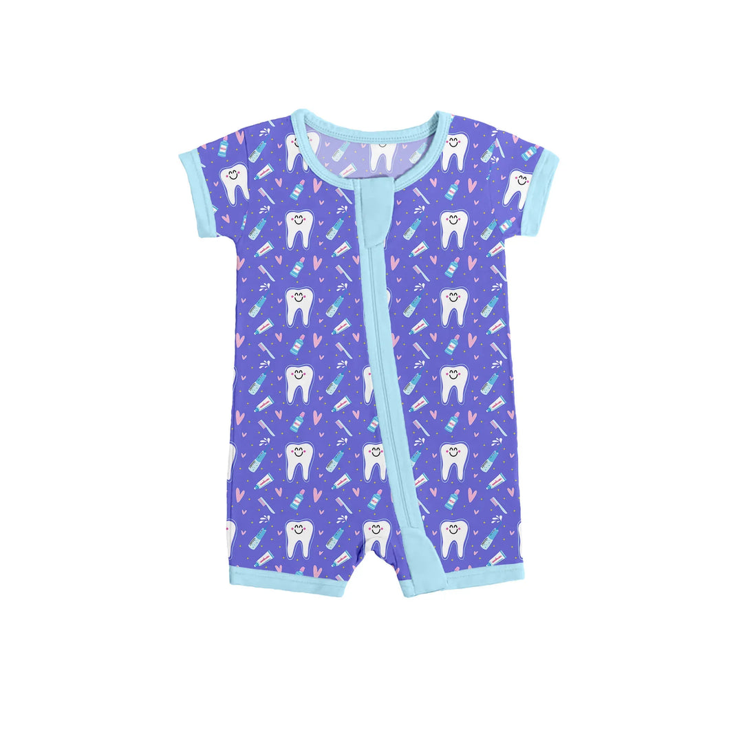 Brushing Teeth Shorty Zippered Romper , Brushing Teeth Shorty Zippered Romper - 0-3M