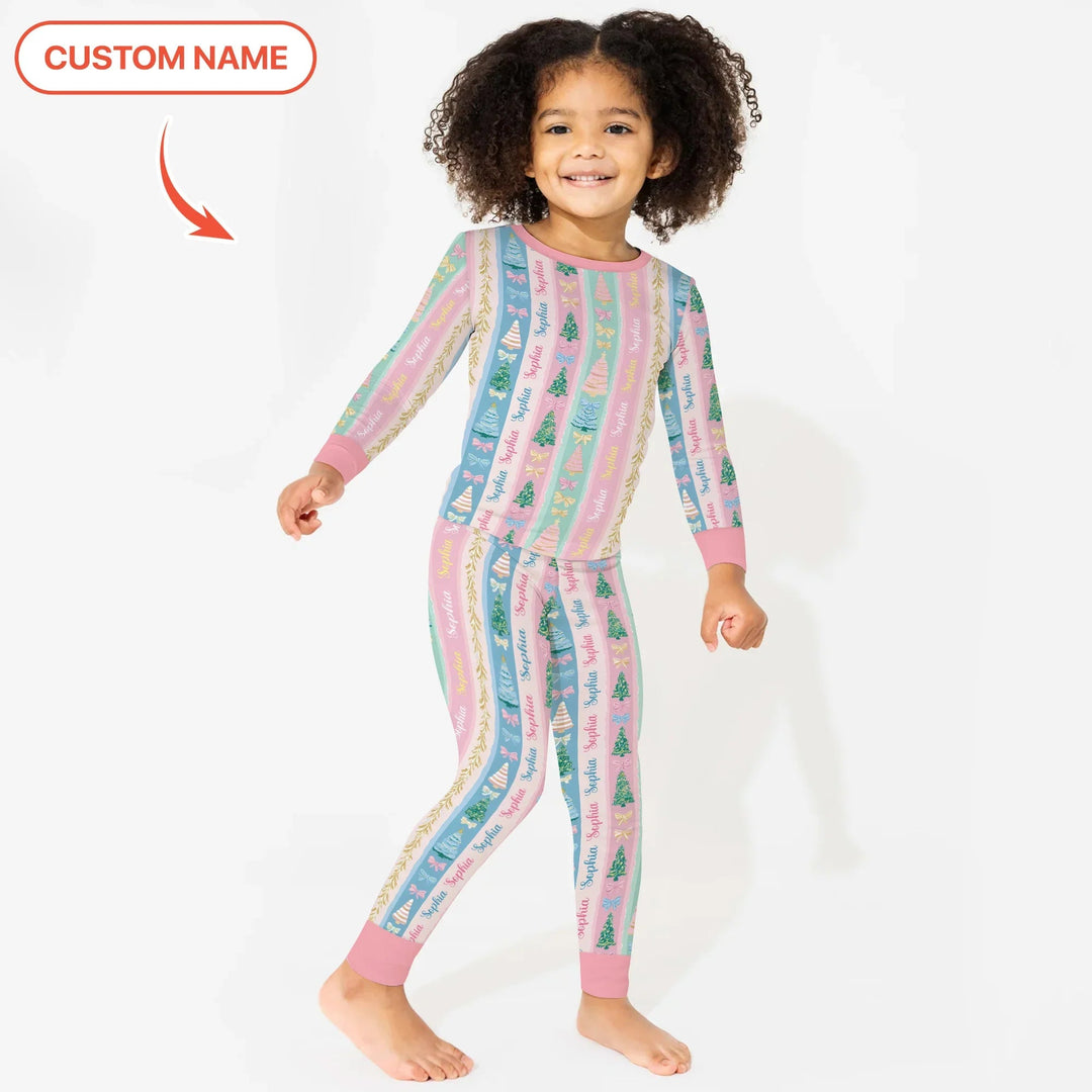 Candy Ribbon Christmas Custom Name Two Piece Long Sleeve Pajama Set - Zumbamboo