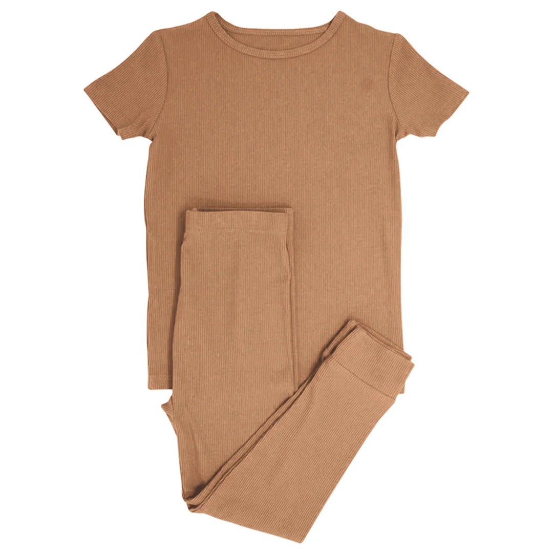 Caramel Ribbed Two Piece Short Sleeve Pajama Set - Zumbamboo