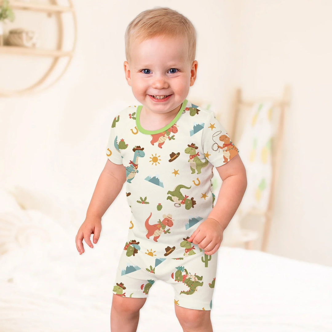 Christmas Cowboy Dinosaur Two Piece Short Sleeve Shorts Pajama Set - Zumbamboo
