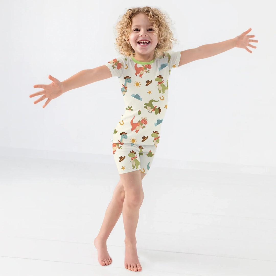 Christmas Cowboy Dinosaur Two Piece Short Sleeve Shorts Pajama Set - Zumbamboo