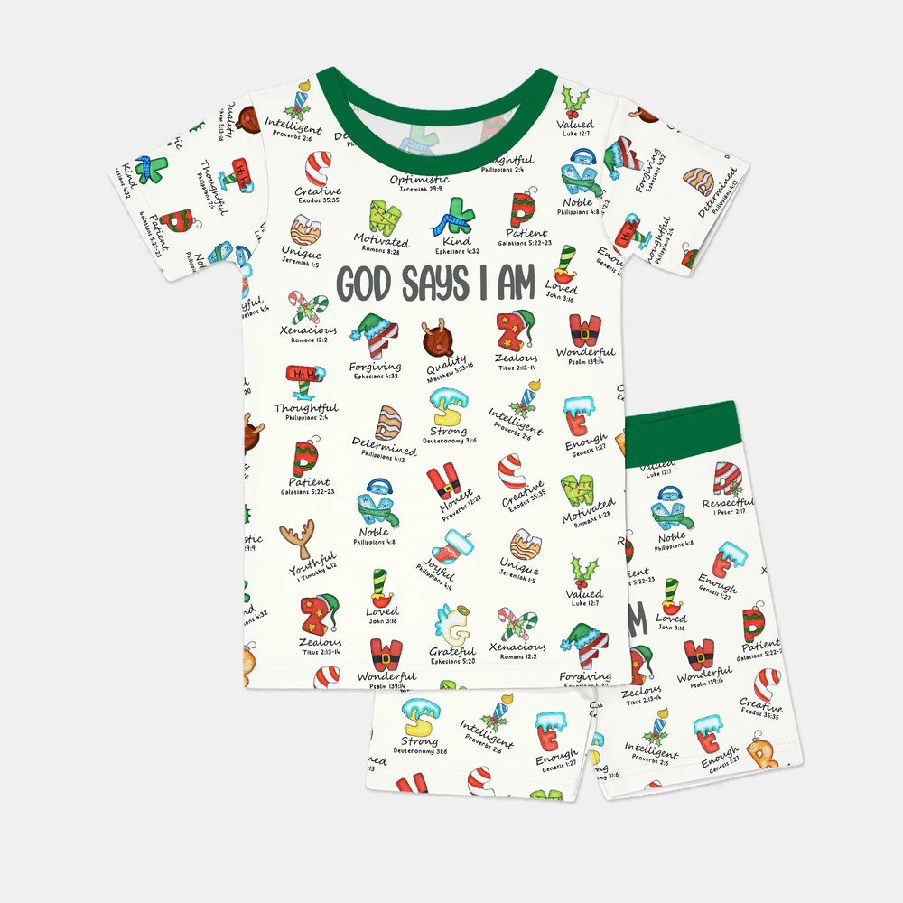Christmas God Say I Am Alphabet Two Piece Short Sleeve Pajama Set - Zumbamboo