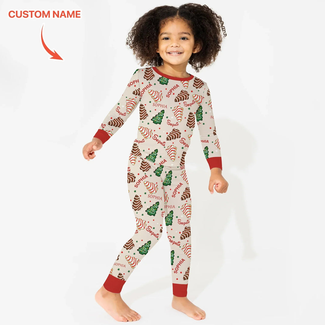 Christmas Tree Cake Custom Name Two Piece Long Sleeve Pajama Set - Zumbamboo