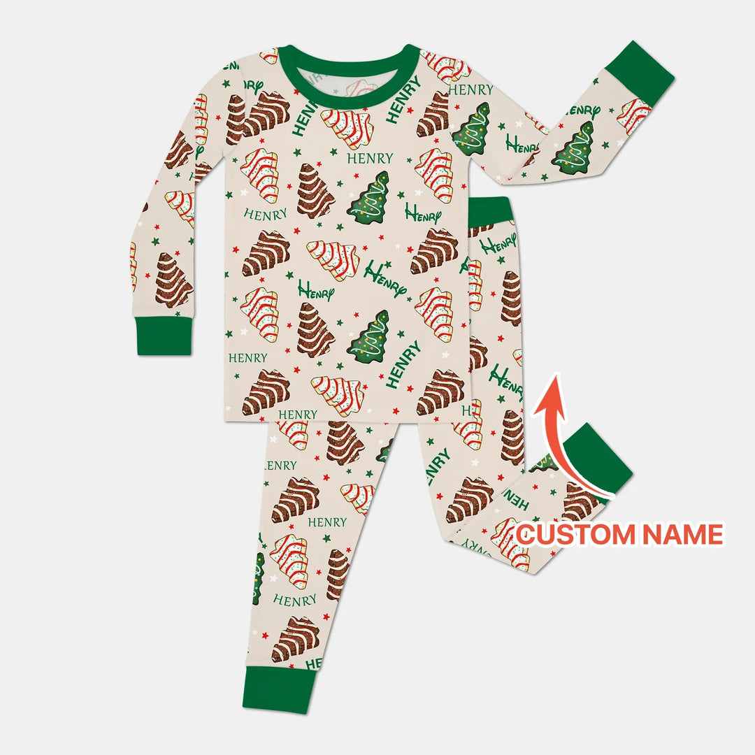 Christmas Tree Cake Custom Name Two Piece Long Sleeve Pajama Set - Zumbamboo
