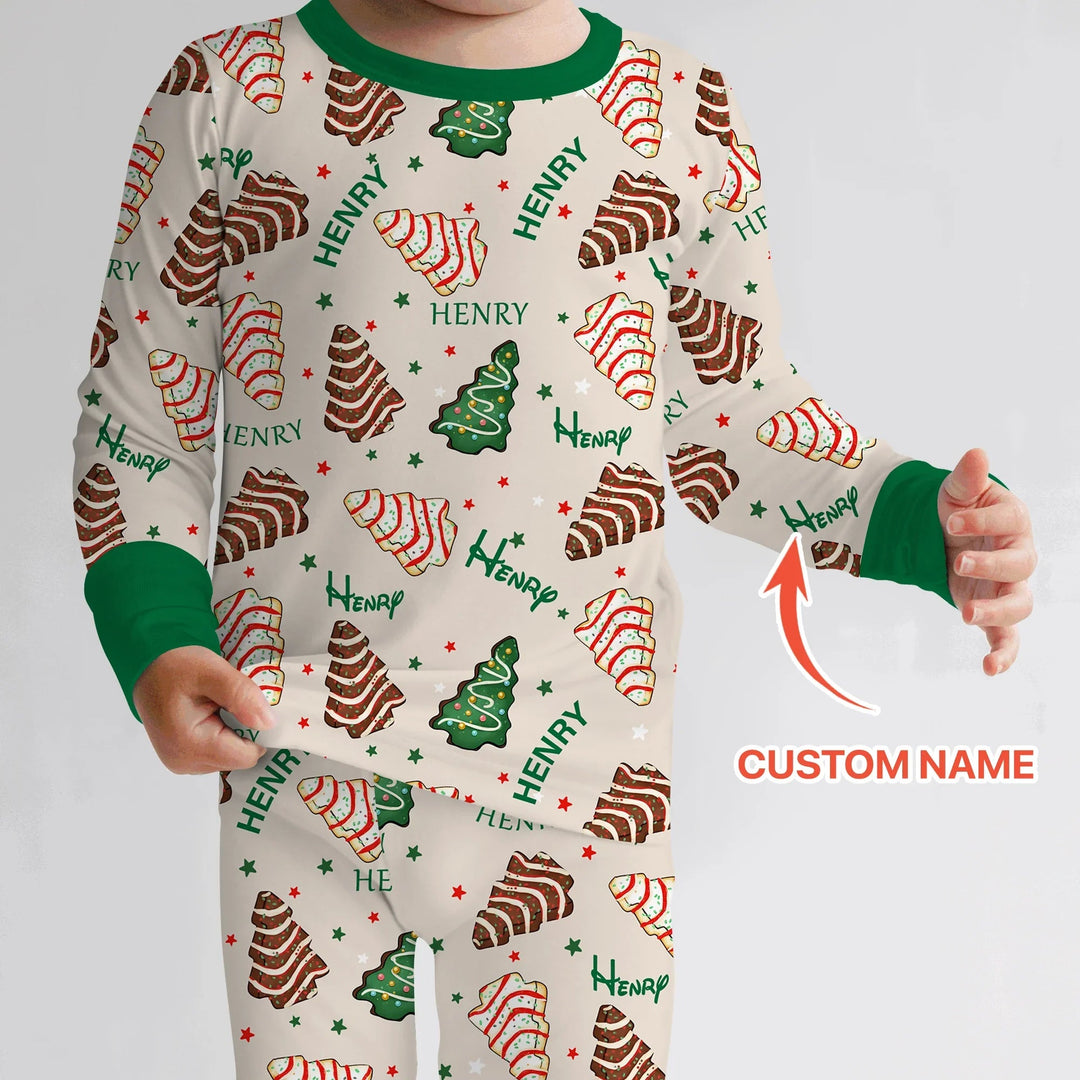 Christmas Tree Cake Custom Name Two Piece Long Sleeve Pajama Set - Zumbamboo
