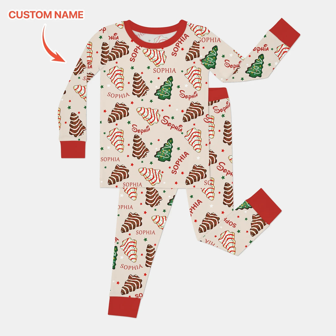 Christmas Tree Cake Custom Name Two Piece Long Sleeve Pajama Set - Zumbamboo