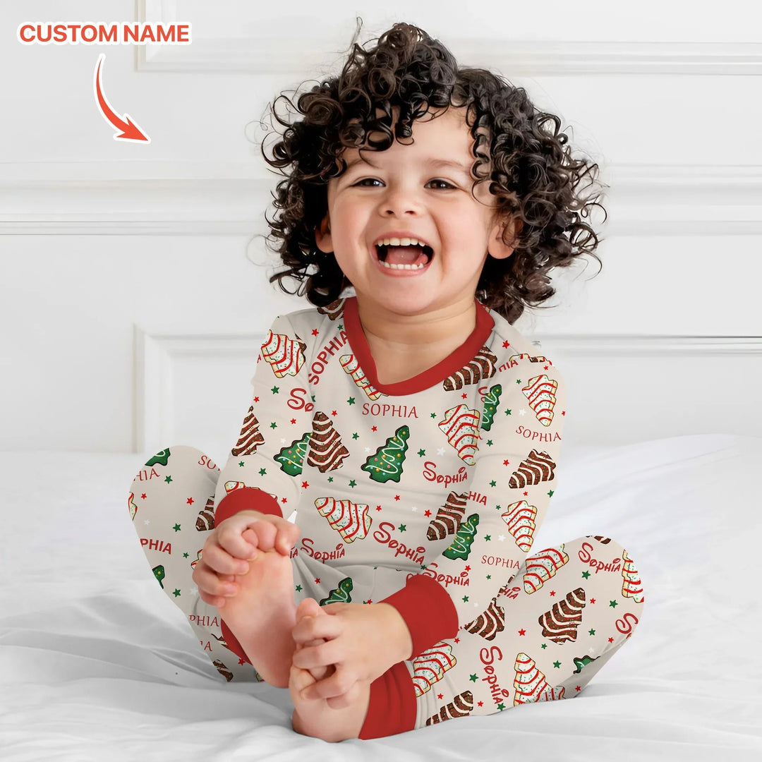 Christmas Tree Cake Custom Name Two Piece Long Sleeve Pajama Set - Zumbamboo
