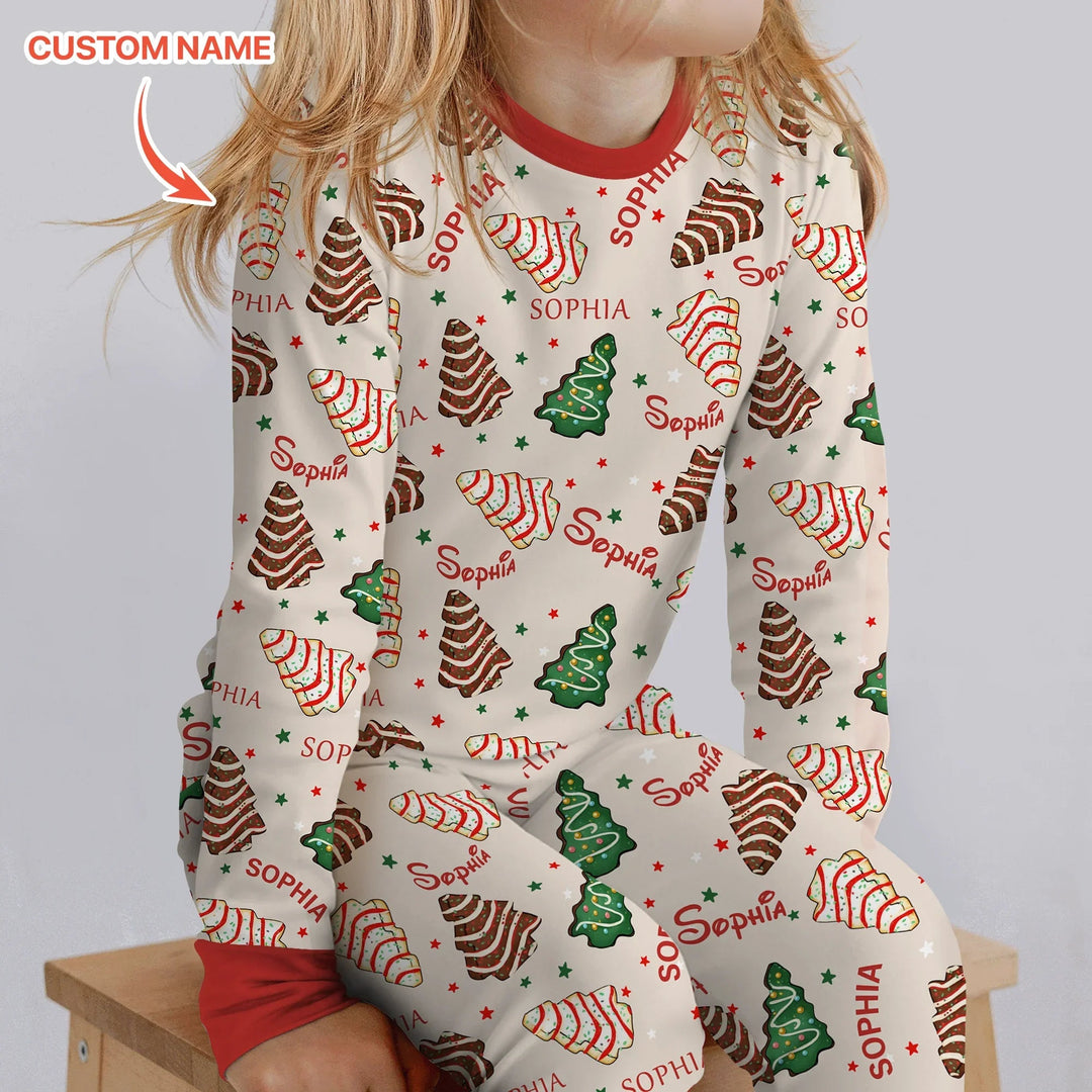 Christmas Tree Cake Custom Name Two Piece Long Sleeve Pajama Set - Zumbamboo