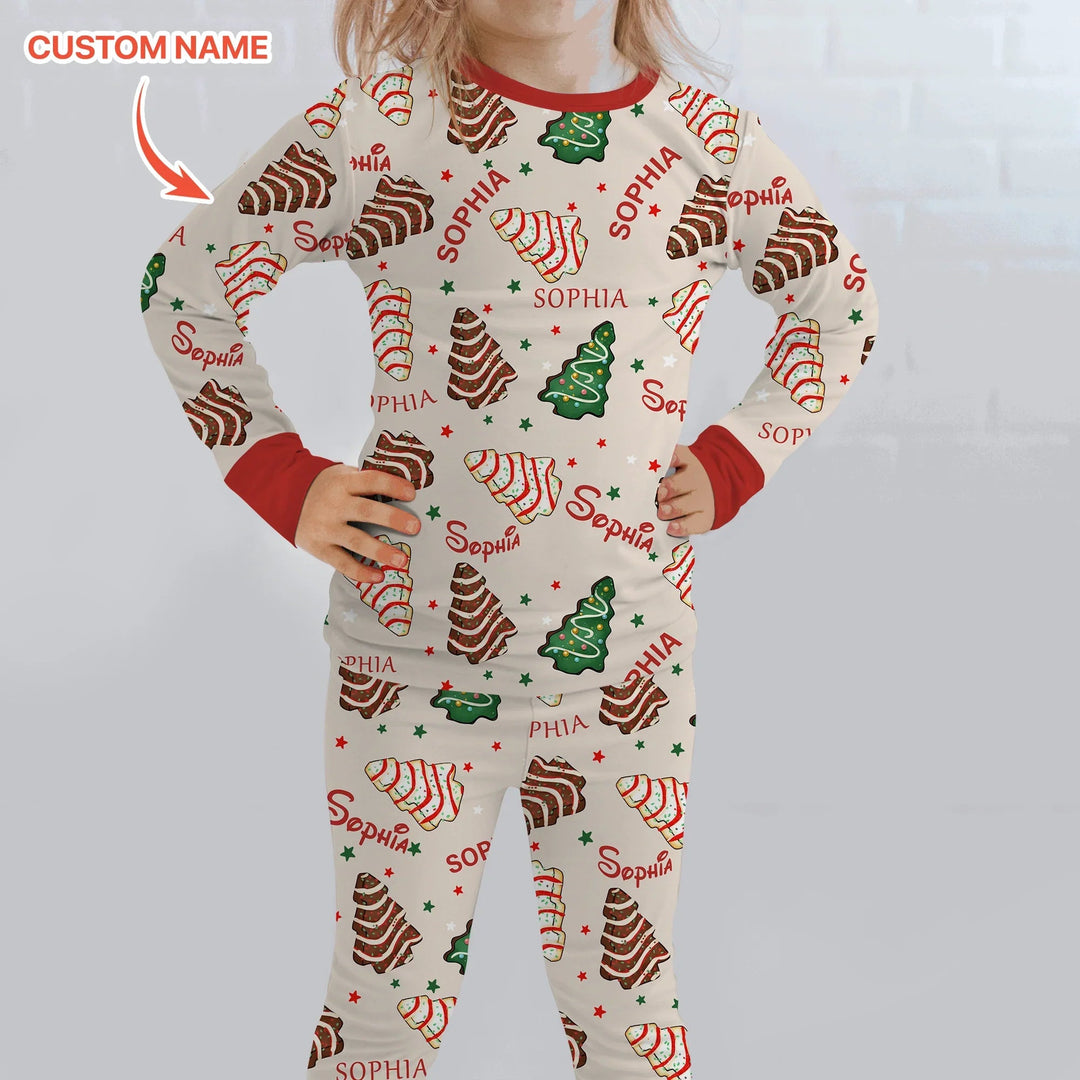Christmas Tree Cake Custom Name Two Piece Long Sleeve Pajama Set - Zumbamboo