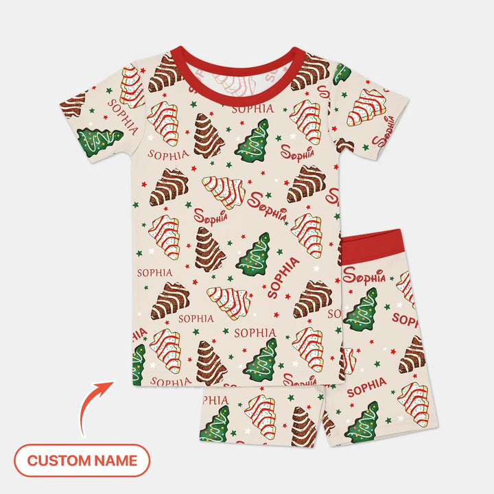 Christmas Tree Cake Custom Name Two Piece Short Sleeve Shorts Pajama Set - Zumbamboo