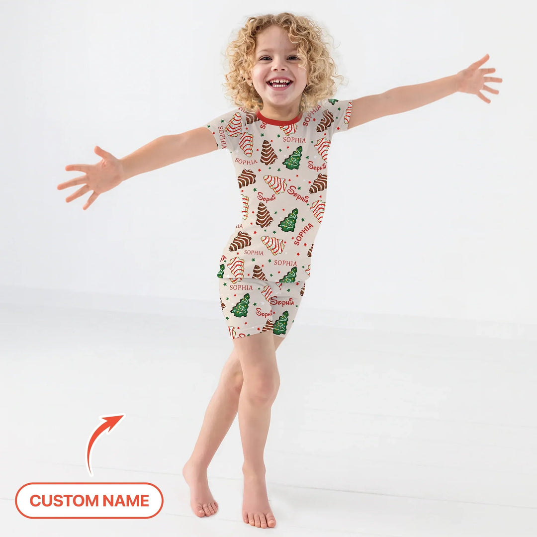 Christmas Tree Cake Custom Name Two Piece Short Sleeve Shorts Pajama Set - Zumbamboo