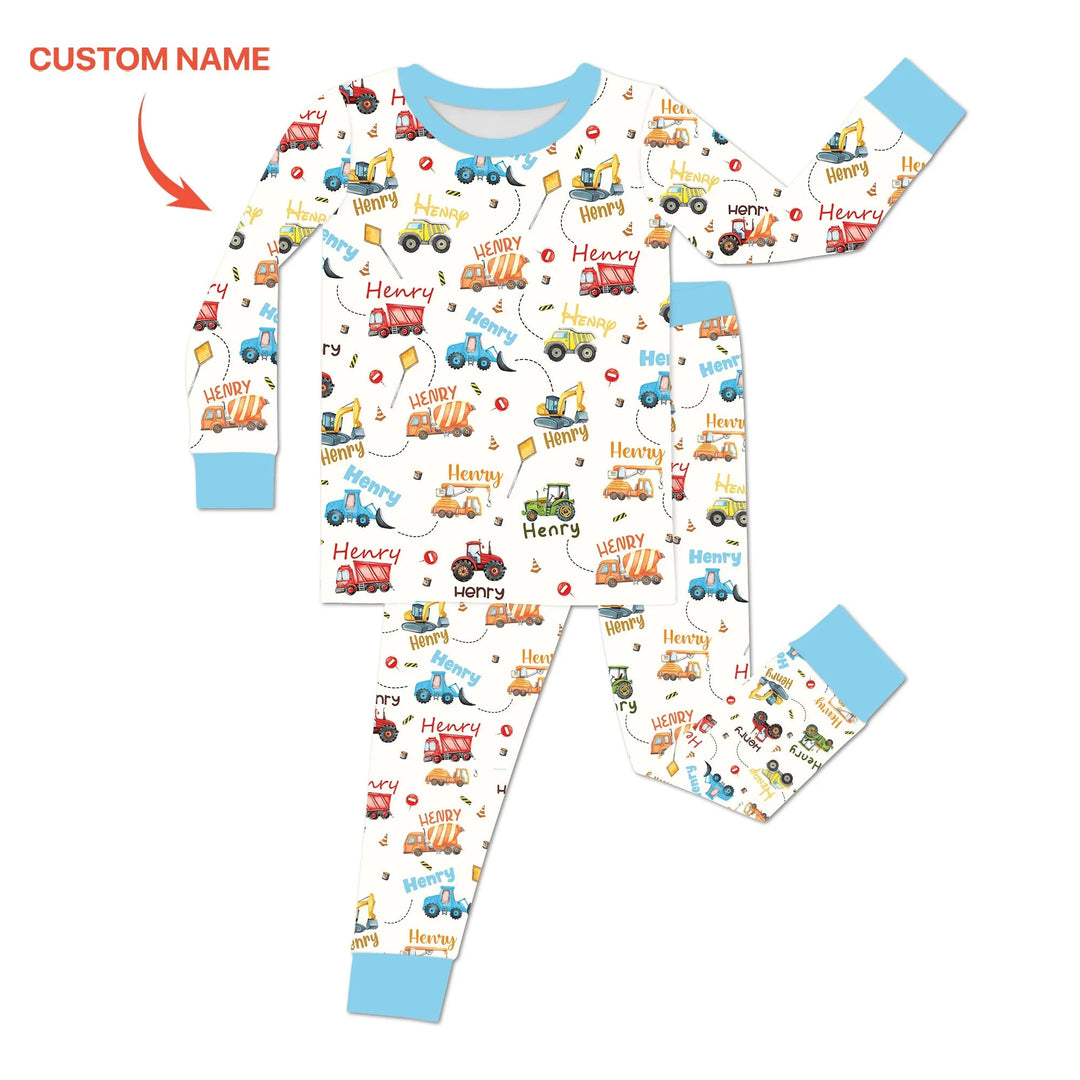 Construction Vehicles Custom Name Two Piece Long Sleeve Pajama Set - Zumbamboo