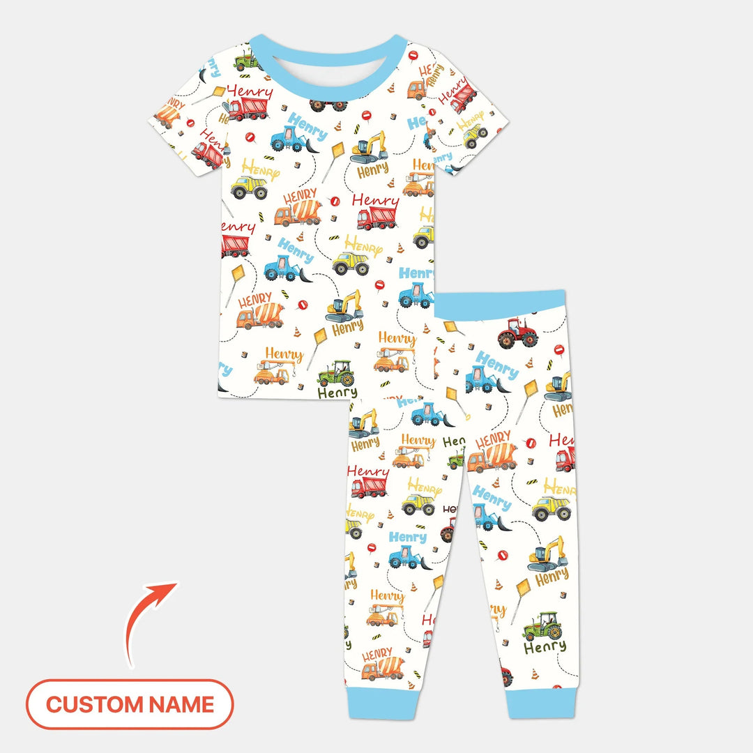Construction Vehicles Custom Name Two Piece Short Sleeve Pajama Set - Zumbamboo