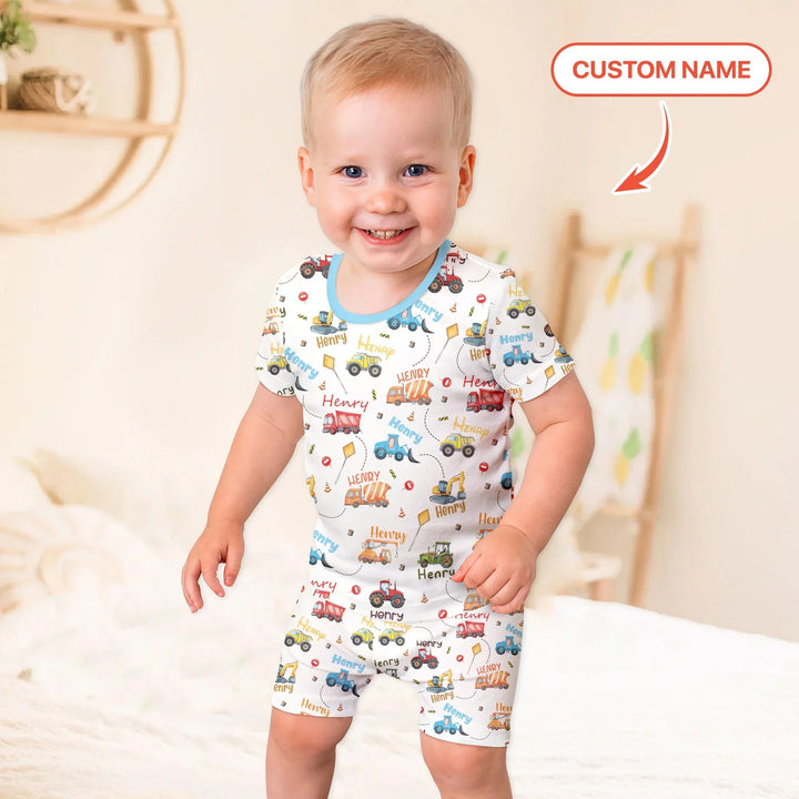 Construction Vehicles Custom Name Two Piece Short Sleeve Shorts Pajama Set - Zumbamboo