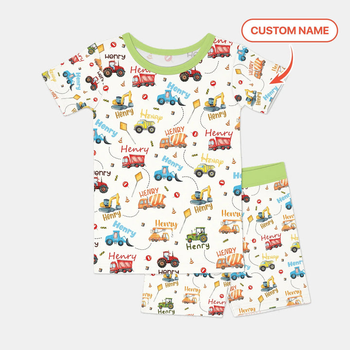Construction Vehicles Custom Name Two Piece Short Sleeve Shorts Pajama Set - Zumbamboo