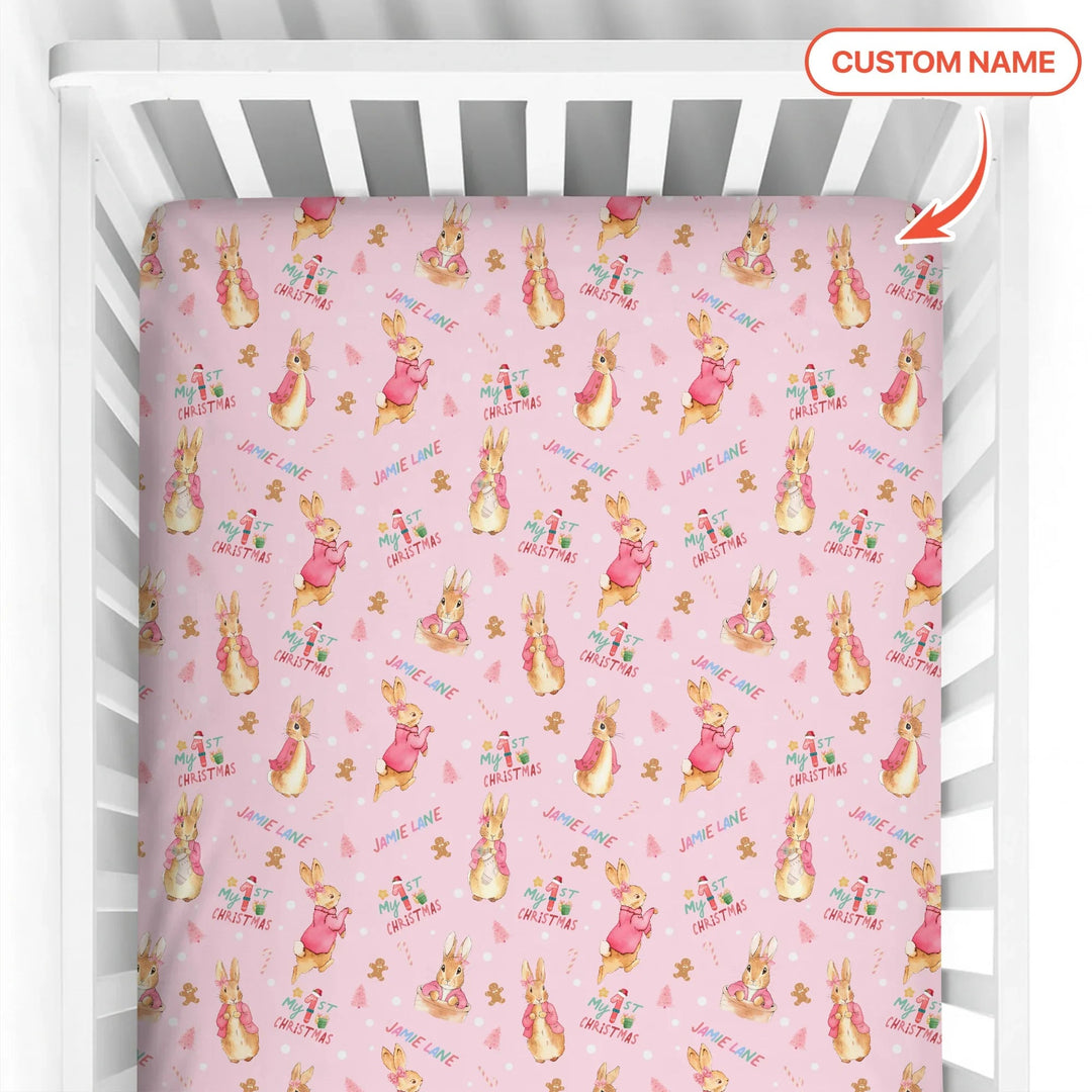 Custom 1st Christmas Rabbit Fitted Crib Sheet - Zumbamboo