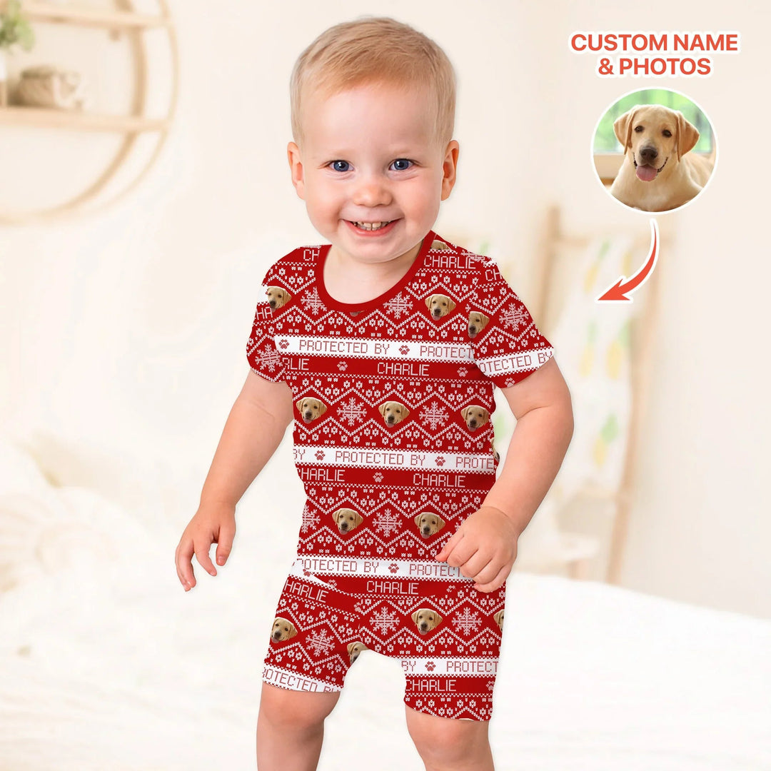 Custom Dog Photo Fair Isle Christmas Two Piece Short Sleeve Shorts Pajama Set - Zumbamboo