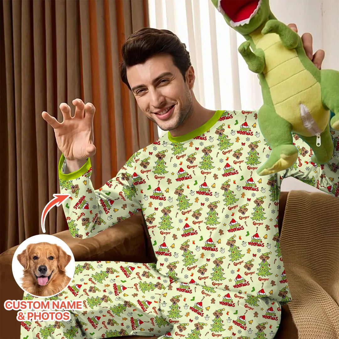 Custom Dog Photo Merry Woofmas Men's Pajama Set - Zumbamboo