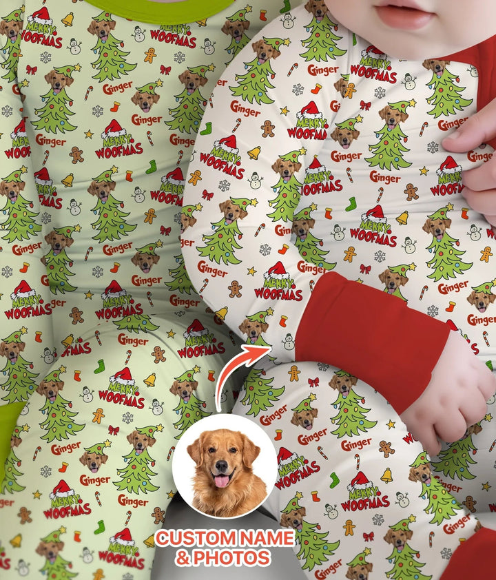 Custom Dog Photo Merry Woofmas Two Piece Long Sleeve Pajama Set - Zumbamboo