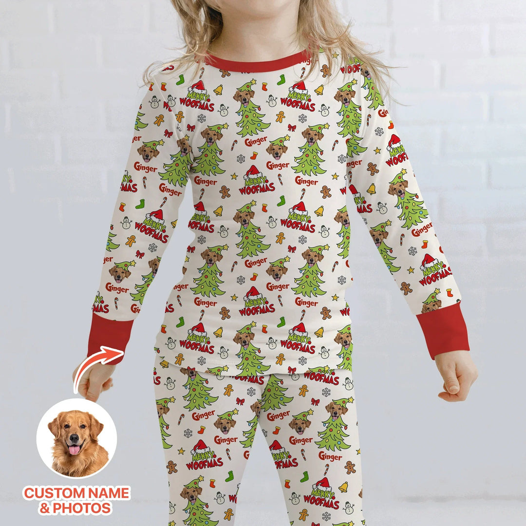 Custom Dog Photo Merry Woofmas Two Piece Long Sleeve Pajama Set - Zumbamboo