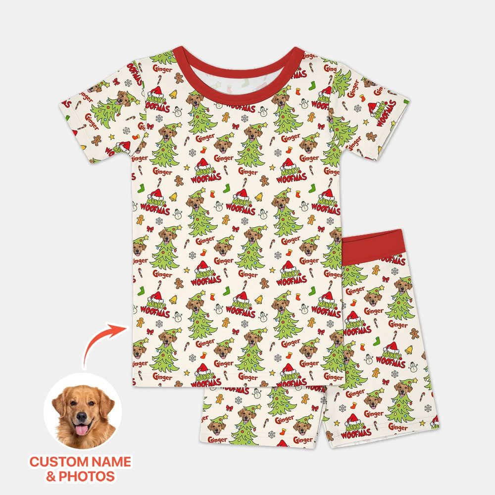 Custom Dog Photo Merry Woofmas Two Piece Short Sleeve Shorts Pajama Set - Zumbamboo