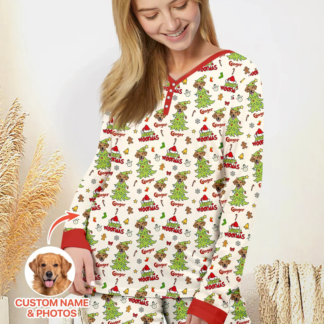 Custom Dog Photo Merry Woofmas Women Pajama Set - Zumbamboo