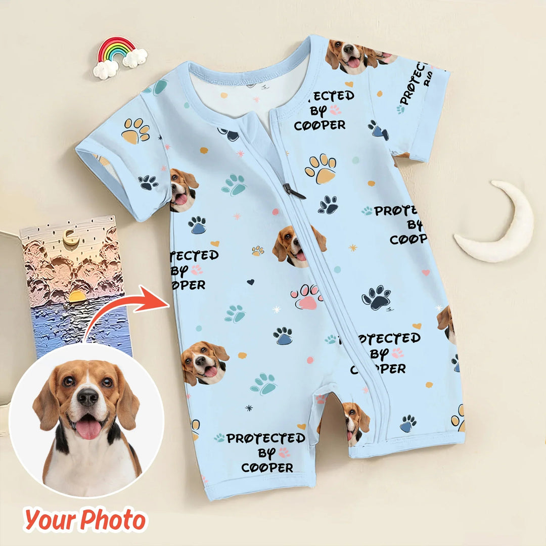 Custom Dog Photo Pattern "Protected By" Shorty Zippered Romper - Zumbamboo